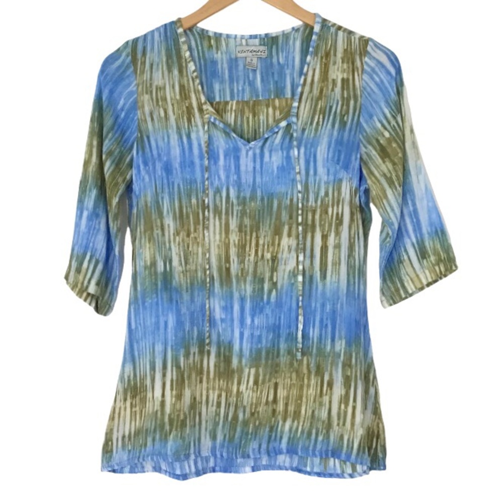 Kintamani By Wind River Tie Dye Stripe Blouse Top Size S Front Tie Blue Tan